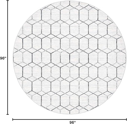 Rugs.com Lattice Trellis Collection Rug – 8 Ft Round White Low-Pile Rug Perfect for Kitchens, Dining Rooms