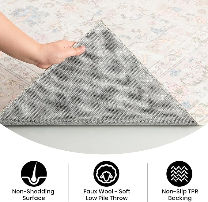4x6 Washable Rug – Boho Non-Slip Indoor Area Rug for Living Room, Bedroom, Dining Room, Entryway –Pastel Multicolor on Cream Base