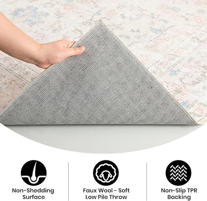 Area Rug – 6x9 Washable Ultra-Soft Vintage Boho Faux Wool Carpet for Living Room, Dining Room, Bedroom, Home Office (Beige)