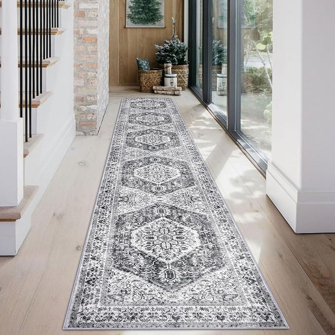 KOZYFLY Runners for Hallways 2x12 Ft Extra Long Washable Kitchen Runner Rug Boho Runner Rug for Entryway Indoor Printed Faux Wool Stair Runner Floor Carpet for Stair Kitchen Hall, Grey
