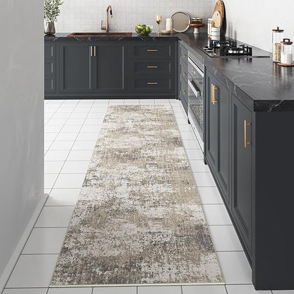 Modern Abstract Beige Gray Area Rug 2x8 Hallway Runner Machine Washable Carpet Bathroom Kitchen Indoor Accent Throw Low Pile Non Slip Distressed Laundry Living Dining Room Bedroom Office