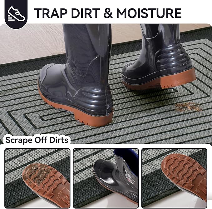 Front Door Mat 24''x35'', Absorbent Muddy Dirt Resist Washable Non Slip Low-Profile Indoor Doormat, Easy Clean Welcome Entryway Door Mats, Grey