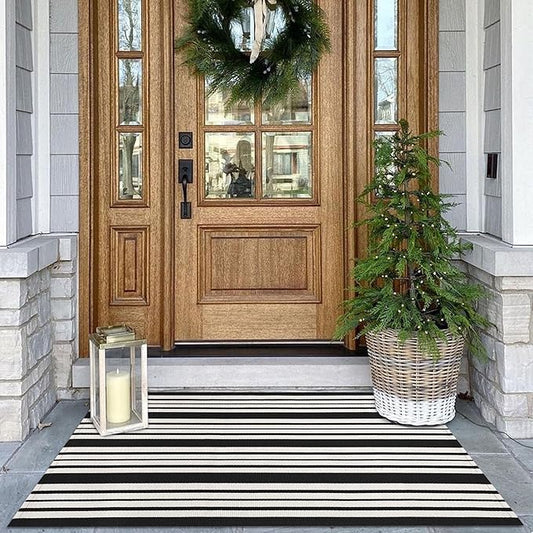 KOZYFLY Black and White Striped Outdoor Doormat 27.5x43 Inches Area Rug Washable Front Porch Rug Farmhouse Front Door Mat Indoor Outdoor Rug for Door, Kitchen, Entryway, Patio