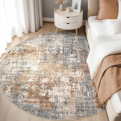 6ft Round Area Rug Living Room Rugs - 6x6 Washable Large Soft Indoor Neutral Modern Abstract Low Pile Rug Carpet for Bedroom Dining Room Farmhouse Home Office - Grey Brown