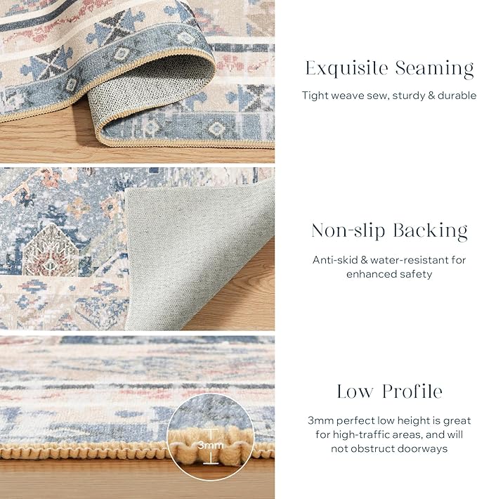 Phantoscope Washable Runner Rug 2'x8' Non-Slip, Vintage Neutral Hallway Rugs for Entryway, Stair, Bedroom, Distressed Boho Geometric Medallion Pattern, Low-Pile Foldable Carpet, Dusty Blue/Multi