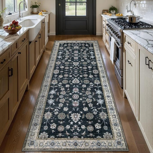Tangsoo Black 2x5 Rug Runner, Washable Runner Rug for Hallways Non Slip, Floral Vintage Soft Low Pile Rugs Runner, Print Carpet Runners for Kitchen Bedroom Entryway Bathroom Living Room