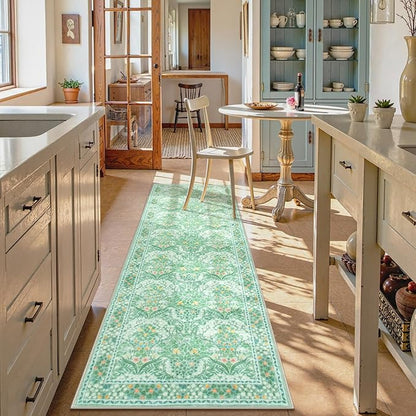 Lahome Floral Washable Kitchen Runner Rug, 2x6 Runners for Hallways Non Slip Ultra-Thin, Boho Soft Hallway Rug Forest Green Carpet for Bedroom Bathroom Laundry Room, Sage Green