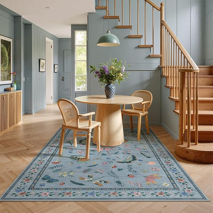 3x5 Washabl Rug with Insect Print - Bug Rug Non-Shedding Stain Resistant Soft Small Carpet for Bedroom, Low Pile Ultra-Thin Machine Washable Carpet for Nursery,Entrance, Office (3'x5' Blue)