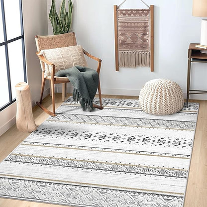BESTSWEETIE 4x6 Area Rugs for Living Room Washable Moroccan Farmhouse Neutral Geometric Low Pile Non-Slip Soft Print Pattern Rug for Bedroom Kitchen Dining Room Entryway Black/Brown
