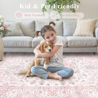 LIVEBOX Pink Washable Area Rug 5x7 - Large Vintage Tribal Living Room Non-Slip Indoor Carpet for Bedroom, Low-Pile Retro Print Distressed Accent for Nursery Dorm Home Decor