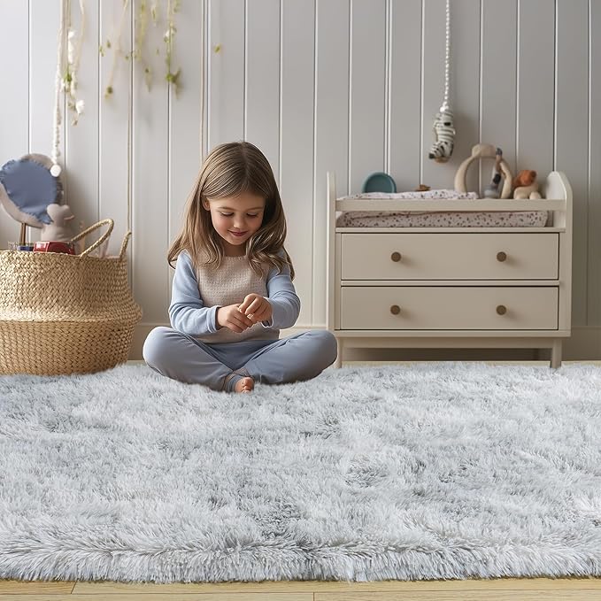 Soft Fluffy Area Rug for Bedroom, Fuzzy Shaggy Oval Throw Rugs for Bedside, Non-Slip Cozy Plush Shag Carpet for Kids Room Nursery Dorm Living Room, Tie-dye Grey, 2.6 x 5.3 Feet, 2 Packs