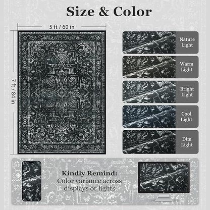 Vintage Black Washable Area Rugs 5x7 for Living Room, Distressed Medallion Printed Rugs for Bedroom, Non Slip Washable Low Pile Thin Carpet Rugs for Dining Room/Kitchen/Foyer/Home Office