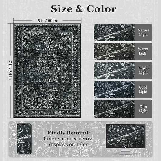 Vintage Black Washable Area Rugs 5x7 for Living Room, Distressed Medallion Printed Rugs for Bedroom, Non Slip Washable Low Pile Thin Carpet Rugs for Dining Room/Kitchen/Foyer/Home Office