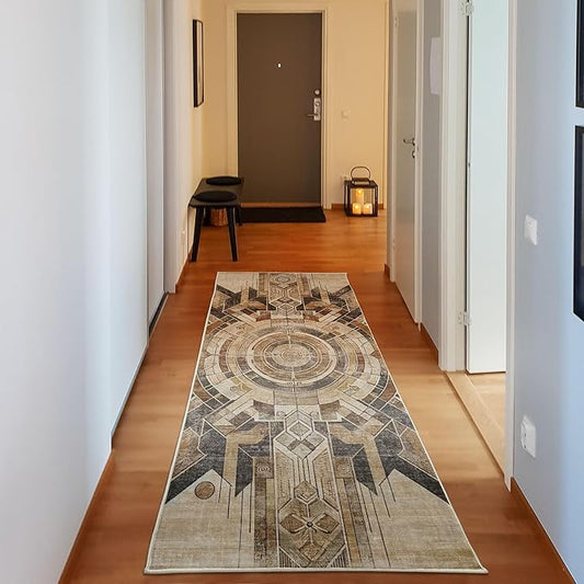 Ambesonne Abstract Boho Decorative Rug, Earthy American Native Motif with Rounds and Lines Folkloric Grungy, Quality Carpet Bedroom Dorm and Living Room, 2' 5" x 7' 5", Pale Camel Chocolate