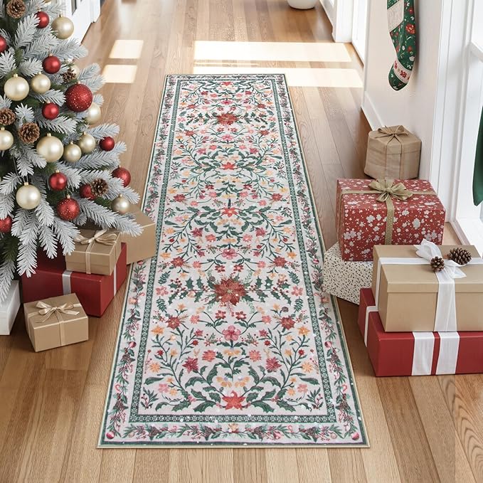 Wonnitar Christmas Runner Rug 2x6, Holiday Decor Christmas Kitchen Bathroom Rug, Washable Red and Green Botanical Xmas Decor Ultra-Thin Holiday Carpet Runner for Hallway Laundry Entryway