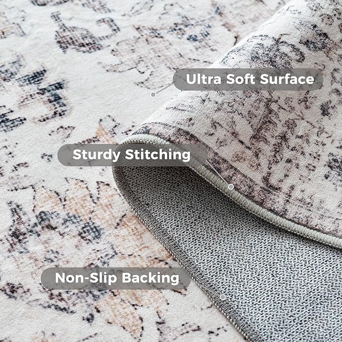 jinchan Kalen Area Rug 6x9 Washable Living Room Rug Vintage Indoor Large Floor Cover Retro Accent Mat Distressed Gray Floral Country Boho Non Slip Thin Carpet for Bedroom Dining Room Office Grey