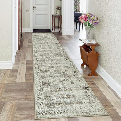 Morebes Vintage Extra Long Runner Rugs for Hallways 10 ft, Washable 2x10 Runner Rug for Kicthen Non Slip, Soft Distressed Non-Shedding Throw Carpet for Entryway Living Room, Brown