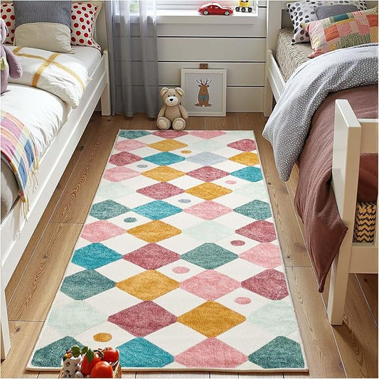 jinchan Macy 2x6 Runner Rug Kids Hallway Washable Rug Indoor Soft Non Slip Modern Diamond Carpet for Nursery Room Bedroom Kitchen Laundry Room Confetti on Cream