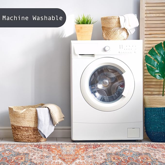 GLN Rugs Traditional Collection - Machine Washable Area Rug, Traditional Washable, Non Slip, Low Pile Chenille Rug, Living Room, Bedroom, Kitchen Rug (8' x 10' Cream/Terra)