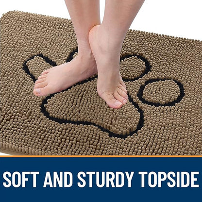 OLANLY Dog Door Mat for Muddy Paws 24x16, Paw Print Design, Absorbs Moisture and Dirt, Absorbent Non-Slip Washable Doormat, Quick Dry Chenille Mud Mat for Dogs, Entry Indoor Entryway Carpet, Tan