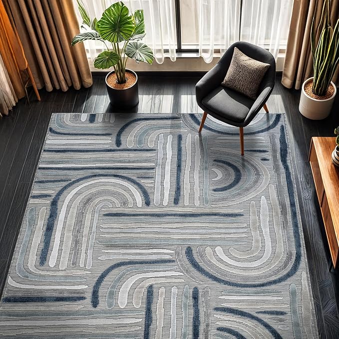 CAMILSON Indoor Outdoor Rug, Blue 6x9 Geometric Arch Striped Area Rugs for Patio and Home Areas, Easy-Cleaning Non-Shedding Living Room, Garden and Deck Washable Outside Carpet (6 x 9)