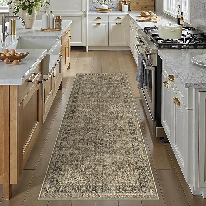 2x7 Washable Brown Runner Rug Vintage Hallway Kitchen Carpet Non-Slip Soft Low Pile Distressed Throw Rug for Bedroom Bathroom Laundry Living Room