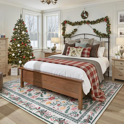 Wonnitar Christmas Rug for Living Room, Christmas Home Decor 8x10 Washable Rug, Ultra-Thin Soft Holiday Floral Print Non Slip Winter Indoor Carpet for Bedroom Kids Room Xmas Dining Room