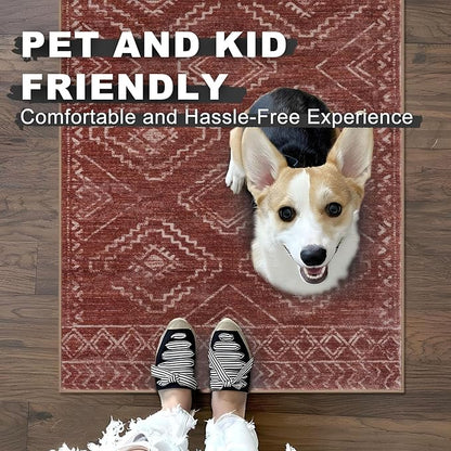 KILOCOCO Boho Kitchen Runner Rug 2x6 Washable Runner Rug, Soft Runners for Hallways Non Slip Printed Distressed Laundry Room Rug, Low-Pile Rug for Entryway/Bedroom/Living Room, Burnt Orange/Red