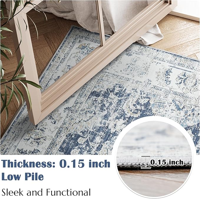 jinchan Fiora Floral 3x5 Area Rugs for Entryway - Machine Washable Taupe Vintage Distressed Design Doormat Non-Slip Ultra-Thin Low Pile Boho Rug for Kitchen Living Room Farmhouse (3‘x5', Dark Blue)