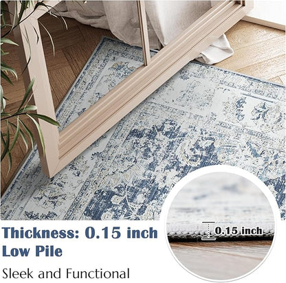jinchan Fiora 6x9 Area Rug for Living Room Machine Washable Vintage Floral Distressed Design Stain Resistant Boho Carpet Ultra-Thin Low Pile Non-Slip Rug for Bedroom Home Office(6'x9', Dark Blue)