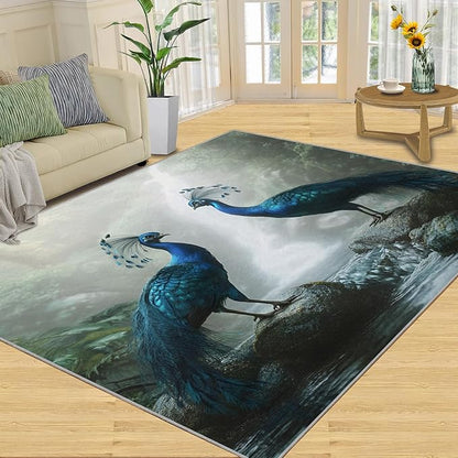 Peacock Rug 5x7-5x7 Rug, Peacock Couples Area Rugs for Bedroom, Nature Waterfall Rugs for Living Room, Animal Bird Washable Mat, Teal Turquoise Carpet - Peafowl Home Decor & Gifts