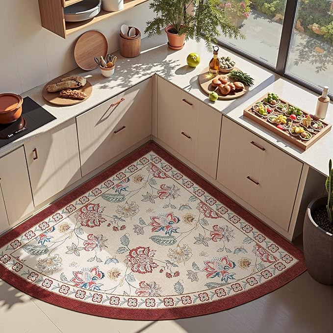 jinchan Elora Floral Corner Rug for Entryway Washable Kitchen Rug Vintage Romance Design Non Slip Quarter Circle Lightweight Low-Pile Throw Carpet for Playroom Reading Nook, 4ft Radius, Red/Beige