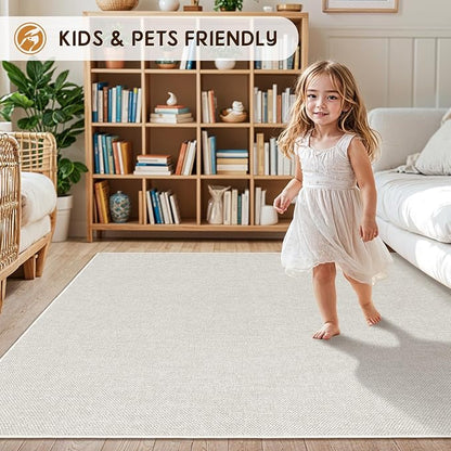 LBRO2M Easy Jute Solid Area Rug 4X6 Washable Rugs for Living Room Bedroom Natural Jute Look Indoor Outdoor Rug Durable, Solid Non Shedding Eco Friendly (4X6 Light Ivory)