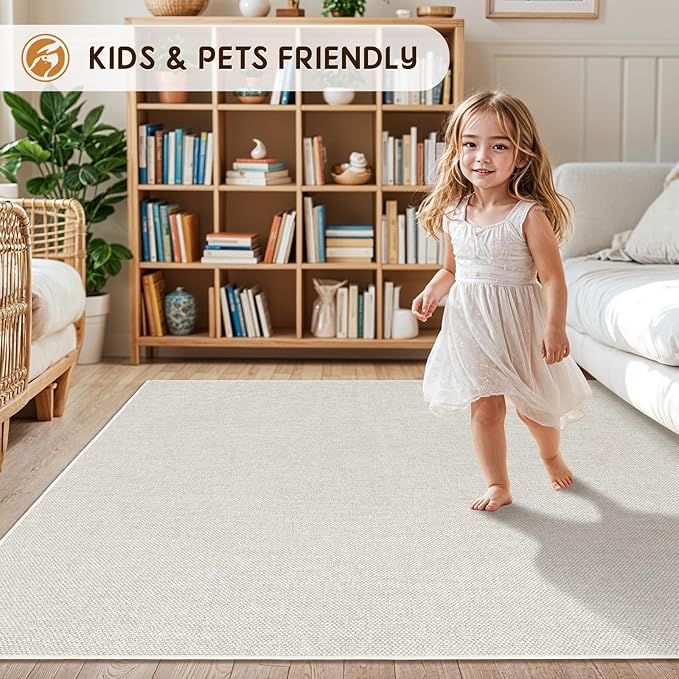 LBRO2M Easy Jute Solid Area Rug 8X10 Washable Rugs for Living Room Bedroom Natural Jute Indoor Outdoor Carpet Durable, Solid Non Shedding Eco Friendly (8X10 Light Ivory)