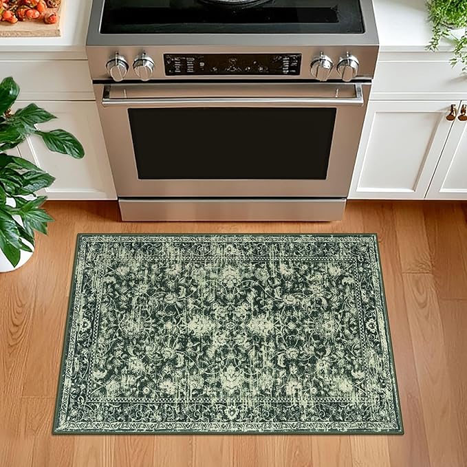 KILOCOCO Moroccan Small Area Rug 2x3 Entryway Rugs Printed Vintage Floral Washable Rug Non-Slip Kitchen Rug Indoor Door Mat, Accent Throw Small Rugs for Laundry Room Bedroom Entrance, Green