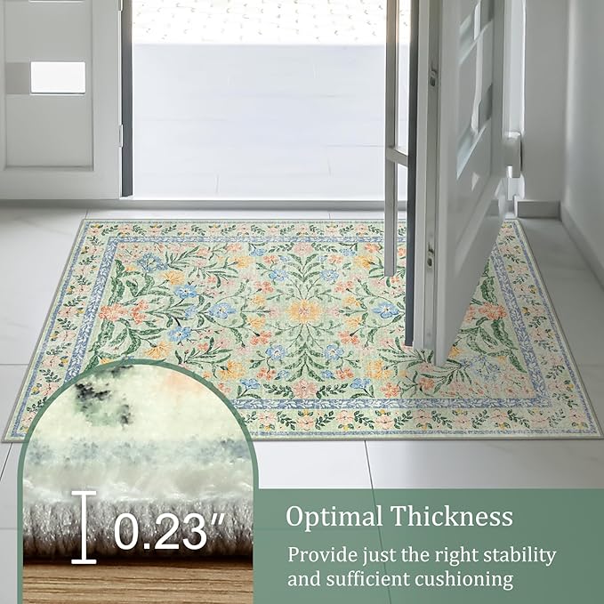 Morebes Boho Washable Area Rugs 8x10 Non Slip, Soft Floral Nursery Rug Girl Bedroom, Ultra-Thin Vintage Distressed Carpet for Living Room Dorm Aprtment, Green/Pink