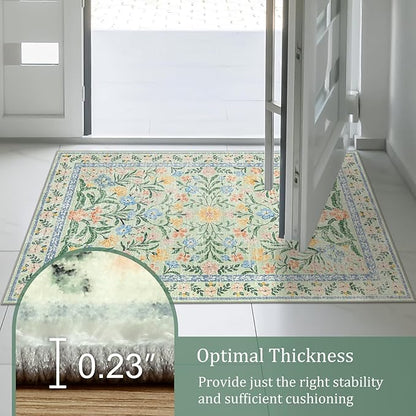 Morebes Washable Kitchen Runner Rug 2x6, Green Boho Floral Hallway Rug Runner Non Slip,Vintage Flower Soft Ultra-Thin Indoor Throw Carpet for Entryway Bathroom Laundry Room