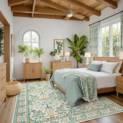 8x10 Area Rugs Living Room Rug - Floral Vintage Forest Washable Carpet, Low Pile Non-Slip Stain Resistance Boho Soft Large Carpet for Bedroom, Dining Room, Office, Farmhouse (8'x10' Beige Green)
