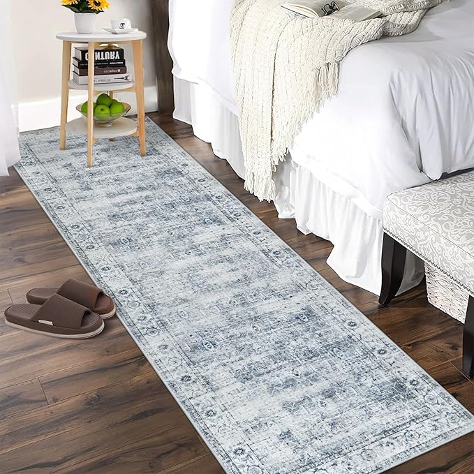 Morebes Vintage Kitchen Rugs Non Slip Washable Rug Runner,Non Skid Bath Mat Runner,Distressed Long Bathroom Rug Indoor Floor Carpet for Room Hallway Entryway Laundry Foyer, Blue-Gray