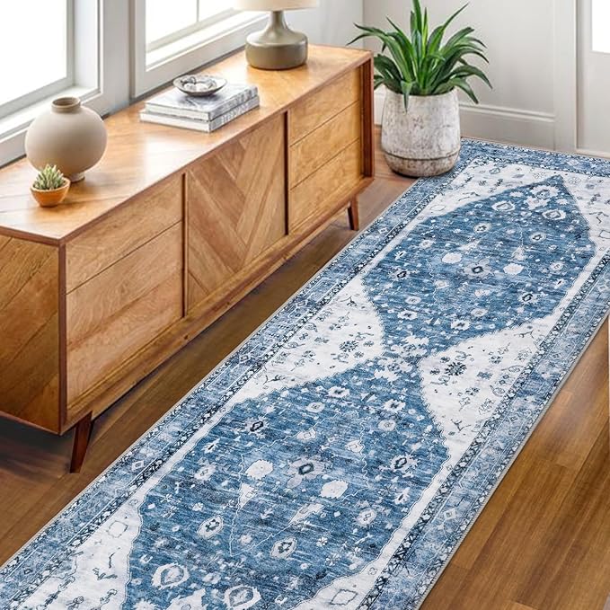 COMSLE Boho Runner Rug, 2' x 8' Washable Area Rugs for Hallway Faux Wool Small Kitchen Distressed Throw Rug Non-Slip Laundry Room Carpet Runner for Entryway Indoor Door Mat Bedroom
