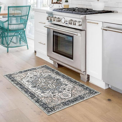 KOZYFLY Small Area Rug 2x3 Ft Rugs for Entryway Washable Boho Entry Rug Non Slip Door Mat Indoor Entrance Faux Wool Vintage Printed Kitchen Rug Throw Rugs for Entrance Kitchen, Black/Taupe/Beige