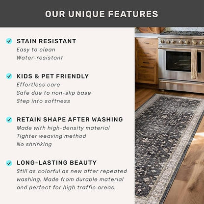 Black Entryway 2x5 Runner Rug, Small Throw Runners for Kitchen Bedroom Bathroom Laundry Room, Vintage Floral Decor & Non-Slip Low-Pile Washable Stain Resistant, Dark Ashen Charcoal