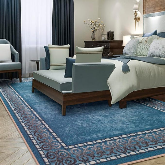 Antep Rugs Alfombras Bordered Modern 3x5 Non-Slip (Non-Skid) Low Pile Rubber Backing Indoor Area Rug (Turquoise Blue, 3' x 5')
