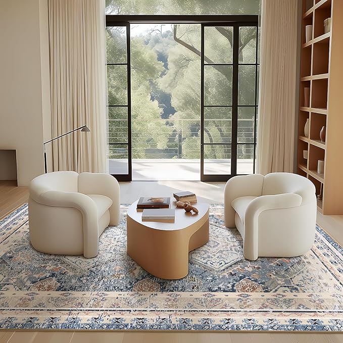 Phantoscope Washable Area Rug 4'x6' Non-Slip, Vintage Neutral Rugs for Living Room, Bedroom, Dining Room, Distressed Boho Geometric Medallion Pattern, Low-Pile Foldable Floor Carpet, Dusty Blue/Multi
