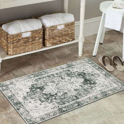 Moynesa Ultra-Thin Washable Area Rug - 2x3 Small Grey Front Door Rug Kitchen Mat, Non Slip Non Shedding Pet Friendly Bathroom Carpet for Office Laundry Powder Room Bedside Hardwood Floor