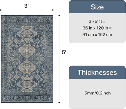 Bavni 3x5 Area Rug for Living Room Bedroom, Washable Boho Print Vintage Aesthetic Rug, Ultra-Thin Low Pile Rugs for Entryway Playroom with Non Slip Backing, Blue