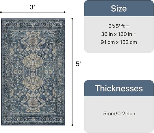 Bavni 3x5 Area Rug for Living Room Bedroom, Washable Boho Print Vintage Aesthetic Rug, Ultra-Thin Low Pile Rugs for Entryway Playroom with Non Slip Backing, Blue