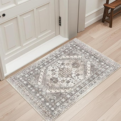 zesthome 2x3 Entryway Rug, Soft Washable Rugs, Non Slip Area Rug, Stain Resistant Low Pile Rugs for Bedroom, Vintage Rug for Door Mat, Kitchen (Brown/Beige,2'x3')