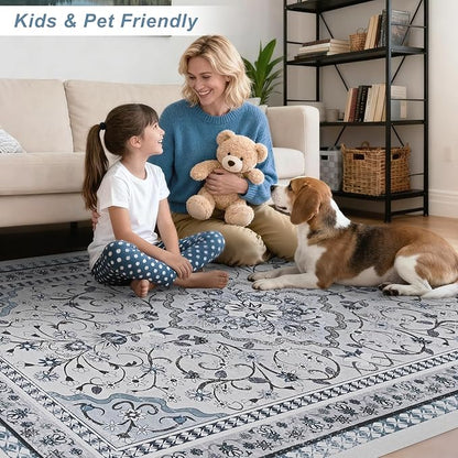 Luxury 5' x 7' Blue Washable Area Rugs, Boho Low Pile Easy Clean Non-Slip Rug, Floral Medallion Pattern Vintage Rugs for Living Room, Dinning Room, Office, Bedroom, Bathroom, Laundry Room, Farmhouse