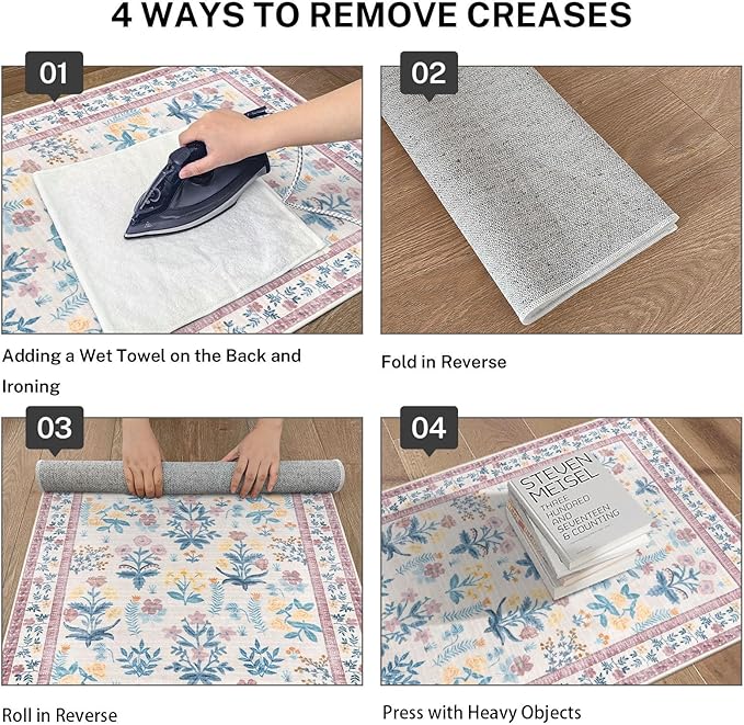 Boho Entryway Rug 2x3 Washable, Blush Pink Floral Kitchen Rug, Super Thin Faux Wool Small Area Rug, Non-Slip Soft Carpet for Girls Room, Bedroom, Office